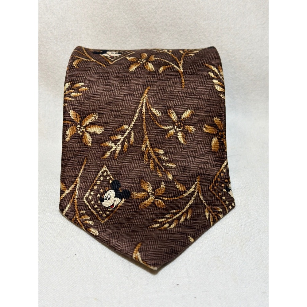 Mickey Inc Disney Mens Silk Tie Brown Gold Floral Mickey Mouse Made in USA